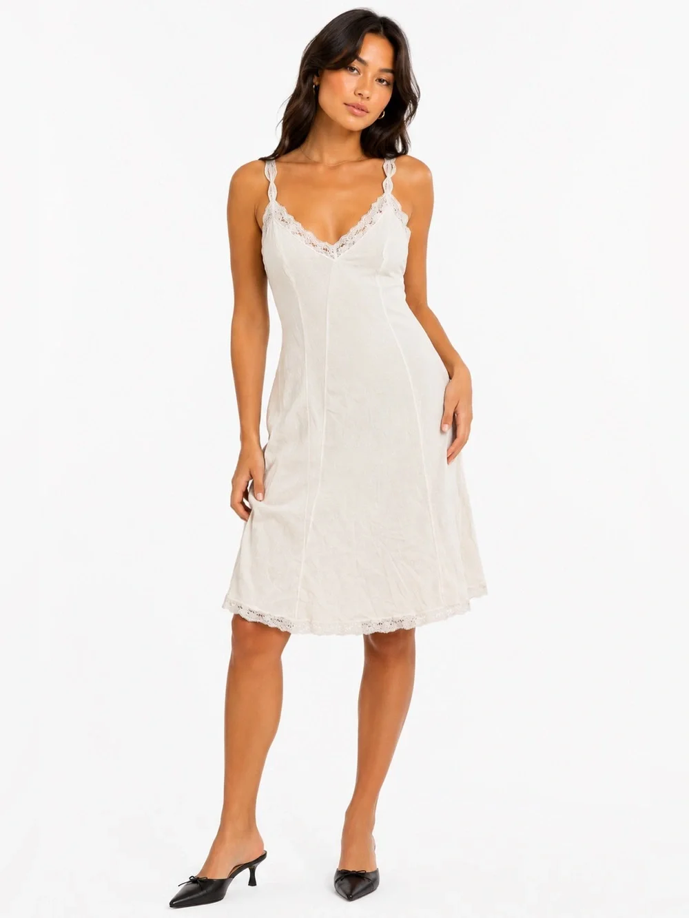 70s French Vintage Silky Lace Trim Midi Slip Dress (Ivory) Size S/M